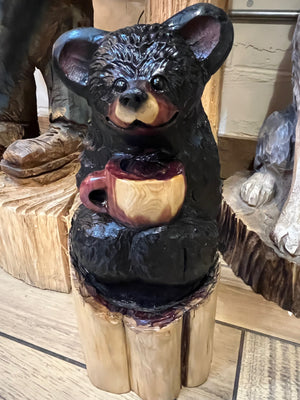 Cedar Bear with Coffee Cup Wood Carving