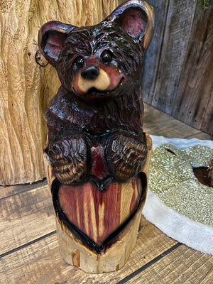 Cedar Bear with Heart on Log Wood Carving