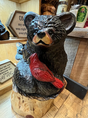 Cedar Bear with Cardinal Wood Carving